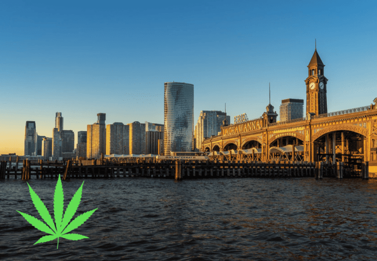 City of Hoboken pictured with a weed leaf as Hoboken cannabis law allows NJ cannabis lounges for consumption