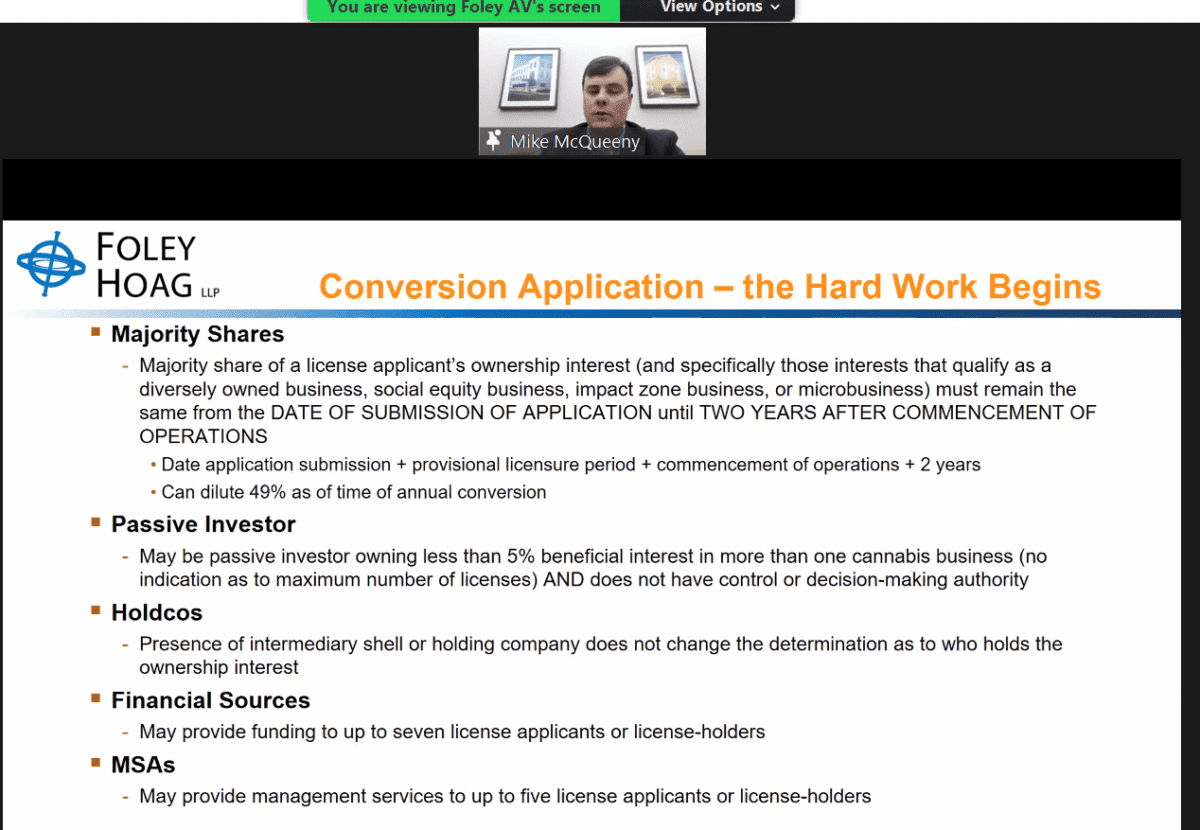 NJ Adult-use Cannabis Licenses cannabis company webinar held with slide and speaker pictured