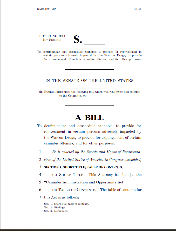Congressional bill cannabis descheduling federal cory booker