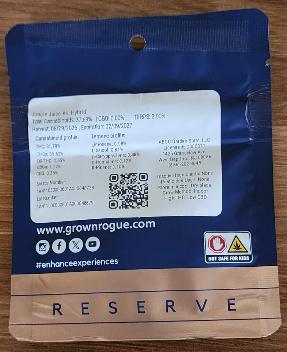Grown Rogue NJ Cannabis flower back of the bag with technical information