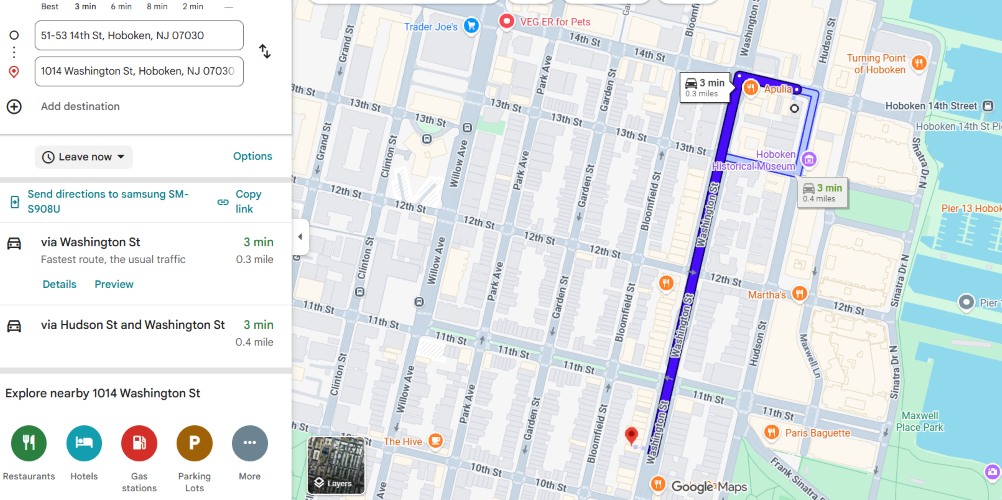 Nature's Touch Dispensary to Story Dispensary in Hoboken map depiction