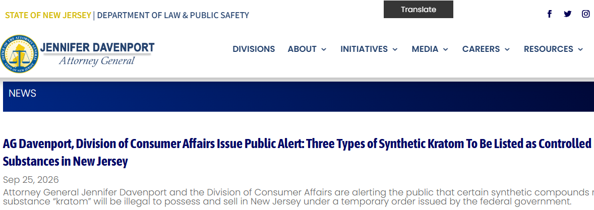 New Jersey Attorney General Issues Synthetic Kratom Ban