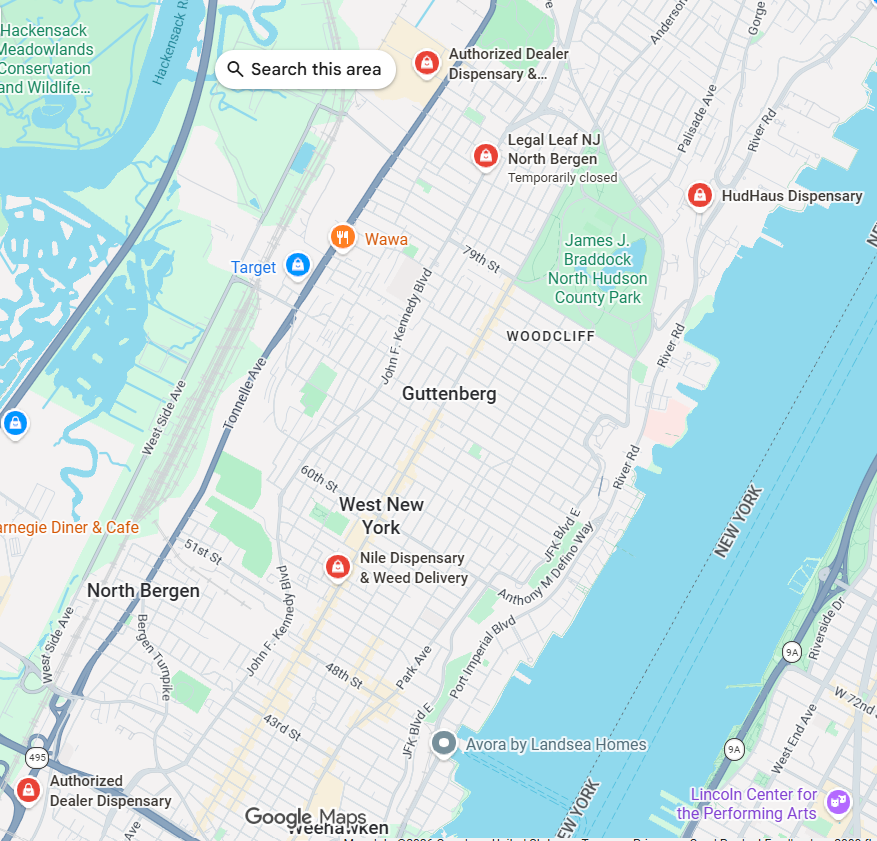 Authorized Dealer dispensary in North Bergen in Hudson County map